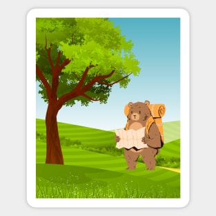 Hiking Bear with a Map Under a Tree Sticker